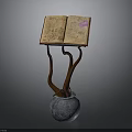 Antique Open Book Display With Branch Like Wooden Stand And Gray Stone Vase Base
