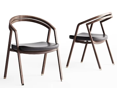 Two Modern Leisure Chairs With Wooden Frame Curved Armrests And Black Leather Seat 3d model