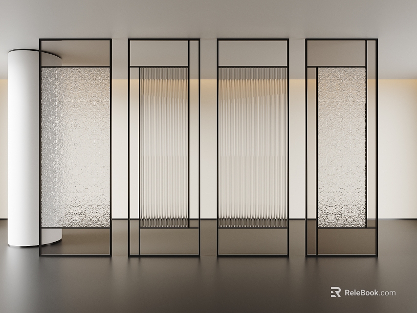 Modern Room Dividers With Black Frames And Various Textured Panels In Minimalist Interior 3d model 