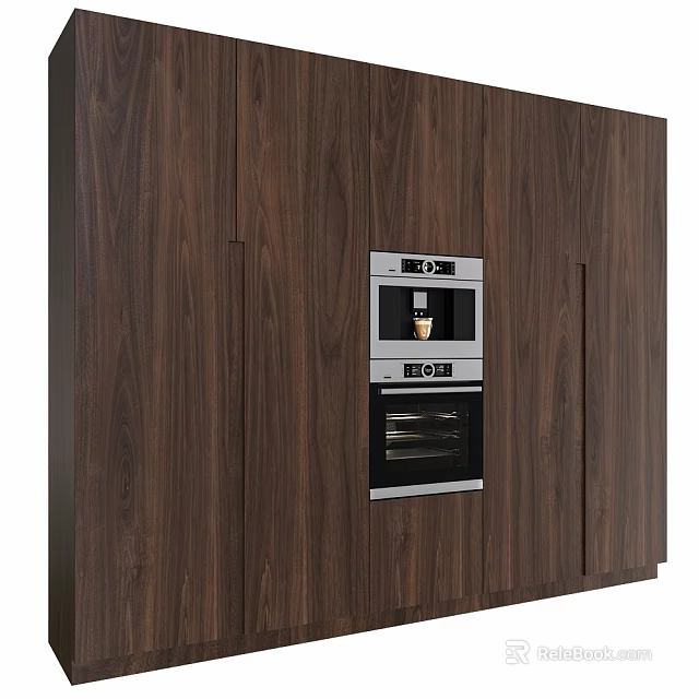 Dark Wood Kitchen Cabinets With Built In Oven And Appliances 3d model 