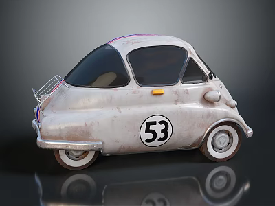 Vintage Small Car With Rusty Exterior Number 53 Emblem White Rims And Roof Rack 3d model