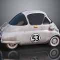 Vintage Small Car With Rusty Exterior Number 53 Emblem White Rims And Roof Rack