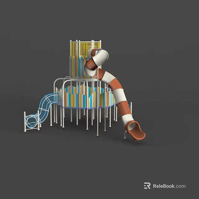 Colorful Multi Level Playground Equipment With Red And White Spiral Slide And Blue Slide 3d model 