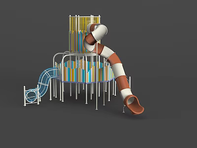 Colorful Multi Level Playground Equipment With Red And White Spiral Slide And Blue Slide 3d model