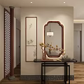 Chinese Style Entryway With Wooden Framed Mirror Hanging Lamp Bamboo Painting And Black Console Table