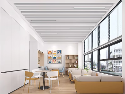 Modern Office Interior With White Cabinets Linear Ceiling Large Windows Sofa Area Artwork And Bookshelf 3d model