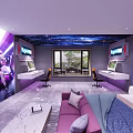 Modern Hotel Room With Starry Ceiling Game Character Mural And Computer Desk 3d model