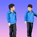 Men in Blue Jackets and Black Pants Carrying Backpacks Against Gradient Purple Pink Background