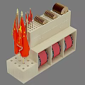 Musical Instruments and Art Supplies Storage With Red Drums on Shelves and Hanging Tools