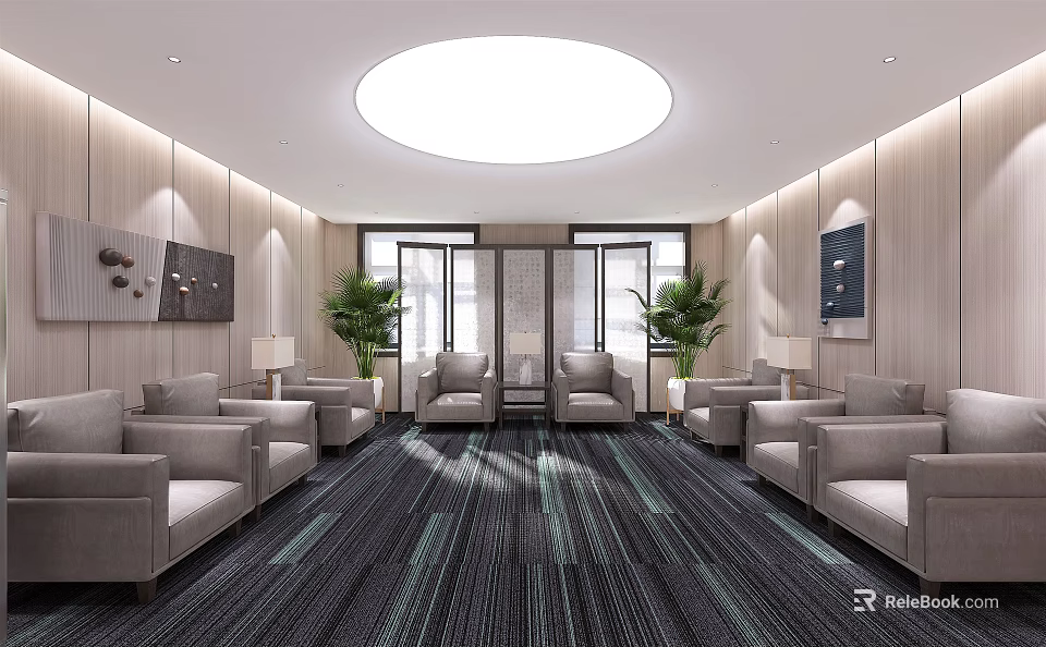 Hotel Public Lounge With Comfortable Sofas Large Windows Green Plants And Round Ceiling Light 3d model