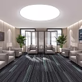 Hotel Public Lounge With Comfortable Sofas Large Windows Green Plants And Round Ceiling Light 3d model