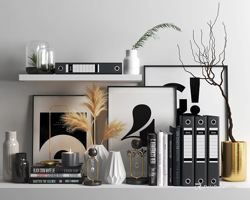 Modern Notebook On Office Desk With Binders Decorations And Green Plants 3d model