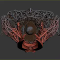 Ornate Head Sculpture With Red Horns And Metal Mesh Structure On Base