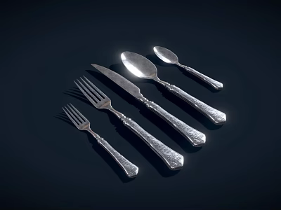 Elegant Silver Cutlery Set Featuring Forks Knives Spoons And Decorative Handles On Dark Background 3d model