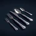 Elegant Silver Cutlery Set Featuring Forks Knives Spoons And Decorative Handles On Dark Background