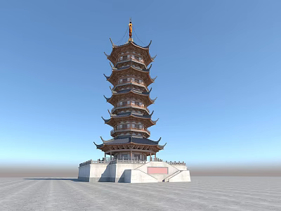 Traditional Multi tiered Chinese Pagoda With Ornate Eaves Wooden Structure And Blue Sky Background 3d model
