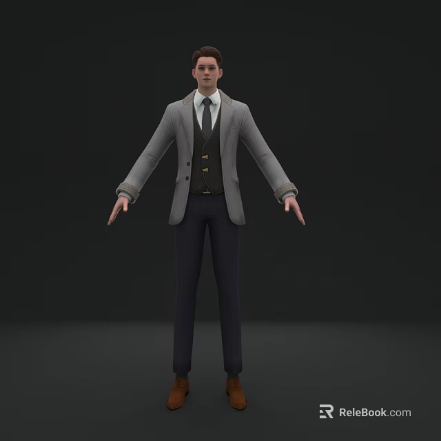 Man Wearing Gray Blazer Brown Vest White Shirt Tie Dark Pants Brown Shoes Arms Outstretched 3d model 
