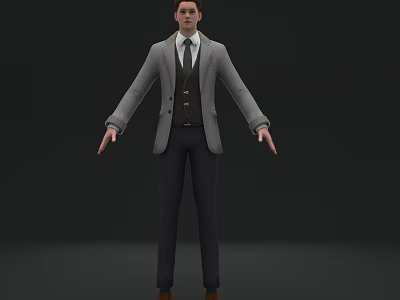Man Wearing Gray Blazer Brown Vest White Shirt Tie Dark Pants Brown Shoes Arms Outstretched 3d model