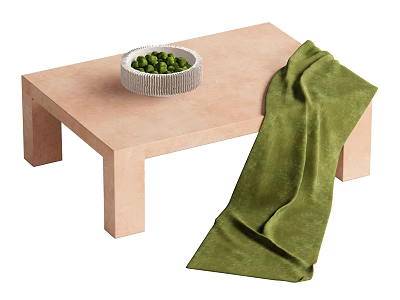 Light Colored Coffee Table With White Bowl Green Items And Green Throw 3d model