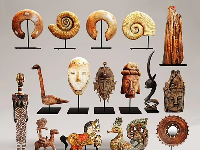 Various Carved Sculptures Display With Animal Human And Spiral Designs On Stands 3d model