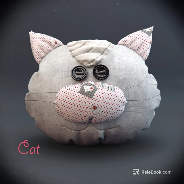 Cute Grey Cat Shaped Pillow With Pink Ears Red Polka Dots And Button Eyes 3d model 