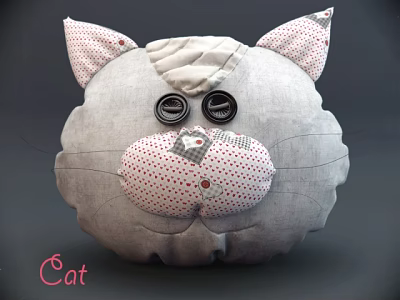 Cute Grey Cat Shaped Pillow With Pink Ears Red Polka Dots And Button Eyes 3d model