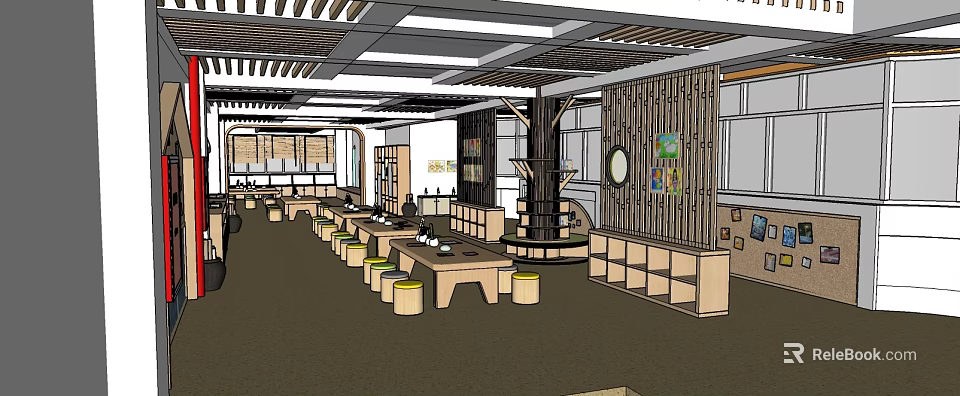 Wooden Dining Space Interior With Long Tables Round Stools And Wall Decor 3d model