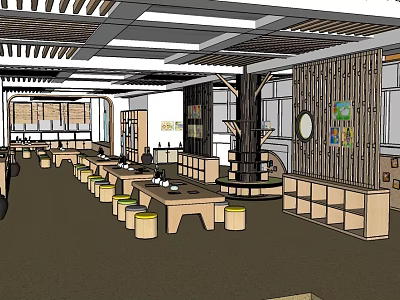 Wooden Dining Space Interior With Long Tables Round Stools And Wall Decor 3d model