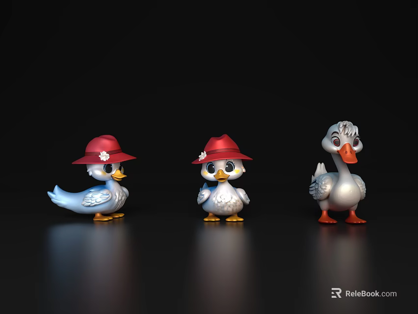 Three Duck Toys With Red Hats And Blue White Gray Colors On Black Background 3d model 