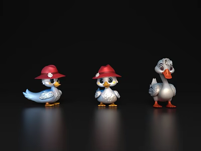 Three Duck Toys With Red Hats And Blue White Gray Colors On Black Background 3d model