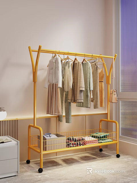 Yellow Clothing Rack Hanging Clothes And Storage Basket In Room 3d model 