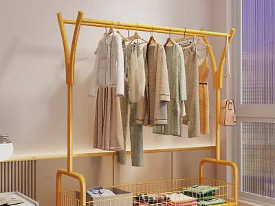 Yellow Clothing Rack Hanging Clothes And Storage Basket In Room 3d model