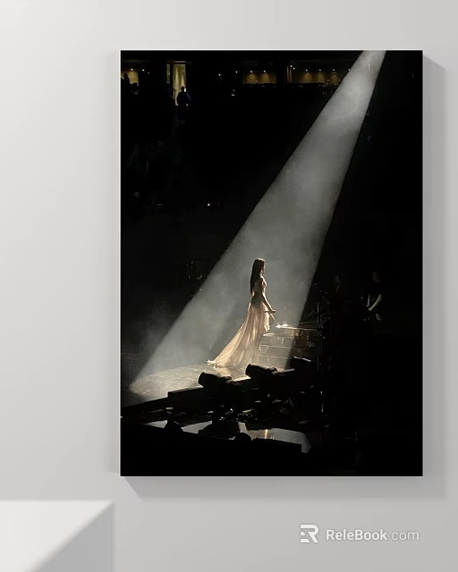 Woman In Long Dress Standing On Stage With Spotlight And Dark Background 3d model 