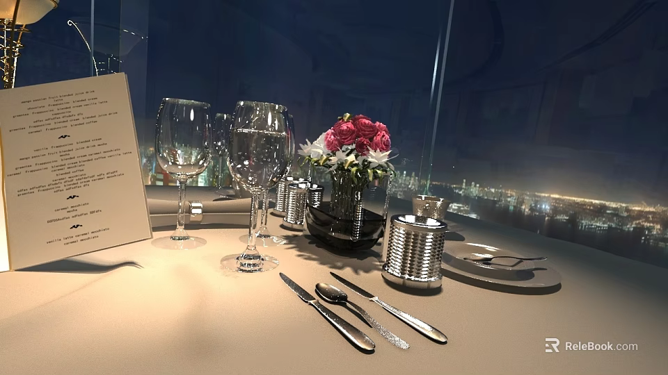 Elegant Tableware Set with Wine Glasses Cutlery and Flower Vase for Romantic Night View Dinner 3d model 