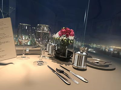 Elegant Tableware Set with Wine Glasses Cutlery and Flower Vase for Romantic Night View Dinner 3d model