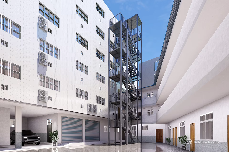 Road Facilities Featuring External Metal Staircase Elevator And Parking In Building Complex 3d model