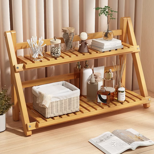 Wooden Two Tier Storage Shelf with Wicker Basket Towels Books and Decorative Items 3d model 