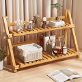 Wooden Two Tier Storage Shelf with Wicker Basket Towels Books and Decorative Items