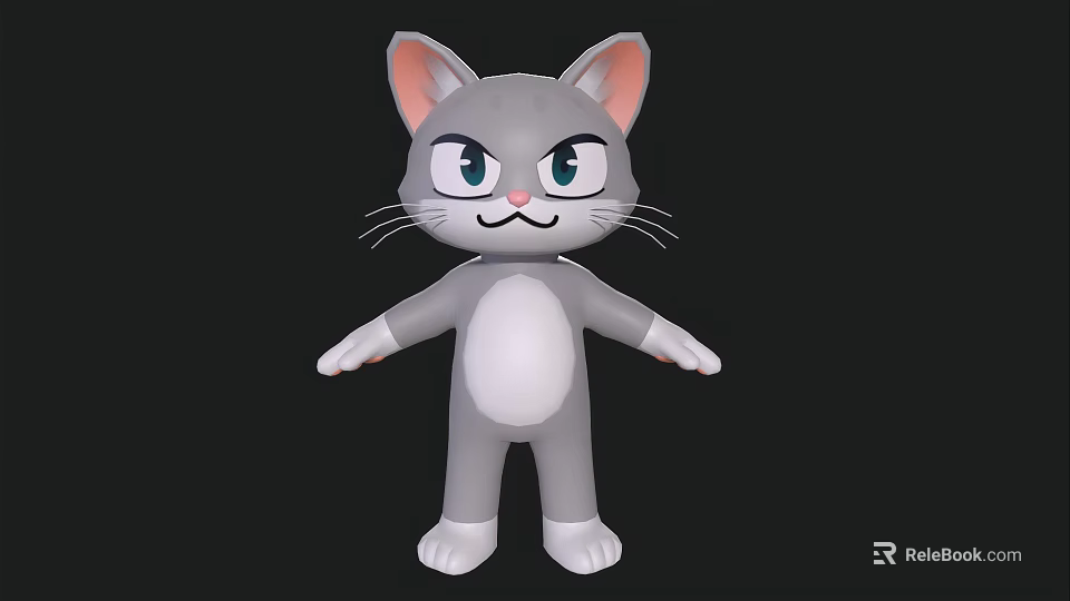 Gray Cartoon Cat With Pink Ears White Belly And Outstretched Arms On Black Background 3d model 