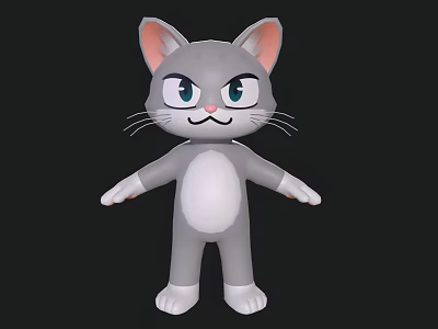 Gray Cartoon Cat With Pink Ears White Belly And Outstretched Arms On Black Background 3d model