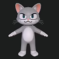 Gray Cartoon Cat With Pink Ears White Belly And Outstretched Arms On Black Background