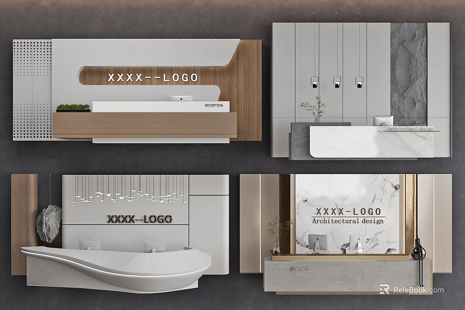 Modern Reception Background Wall Design With Logo Marble And Wooden Accents 3d model 