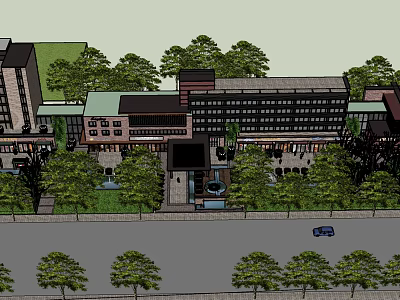 Modern Commercial Street Featuring Green Trees Buildings Shops And Pedestrian Plaza 3d model