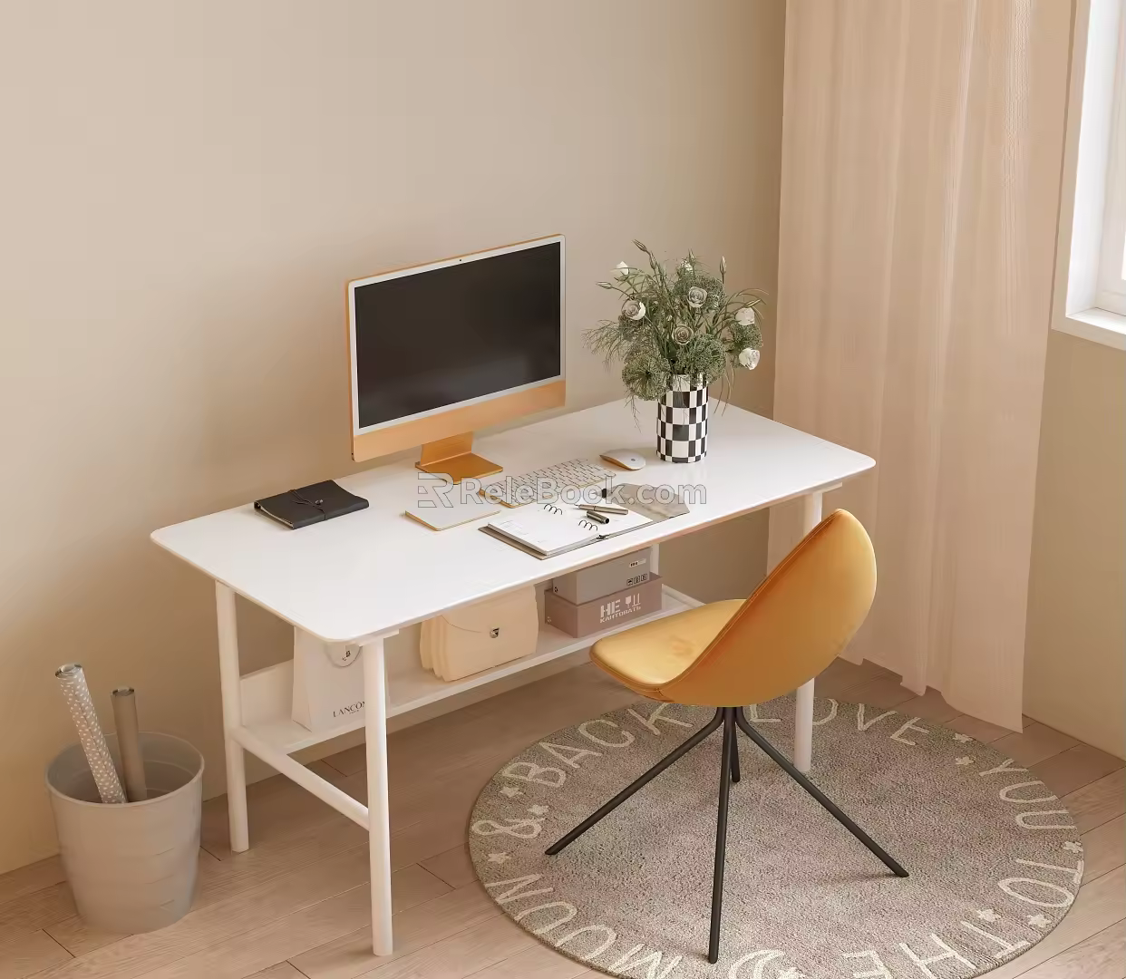 Modern Desk and Chair Combination Adult Desk and Chair Study Desk and Chair Round Carpet Apple Computer Combination 3d model