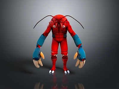 Red Character Design With Blue Limbs Antennae And Clawed Feet 3D Stylized Creature 3d model
