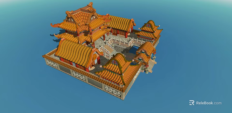 Traditional Chinese Ancient Architecture With Yellow Glazed Roofs Overhanging Eaves And Courtyard 3d model 