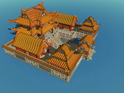 Traditional Chinese Ancient Architecture With Yellow Glazed Roofs Overhanging Eaves And Courtyard 3d model