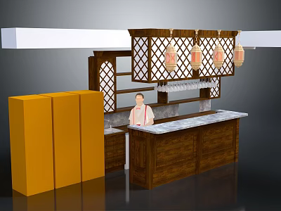 Traditional Restaurant Interior With Wooden Counter Lanterns Lattice Decor And Marble Top 3d model
