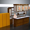 Traditional Restaurant Interior With Wooden Counter Lanterns Lattice Decor And Marble Top