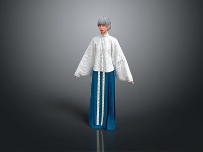 Traditional Chinese Outfit with White Long Sleeved Top Blue Long Skirt and Button Details 3d model
